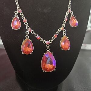 1928 Silver Necklace with Orange and Pink Teardrop Pendants